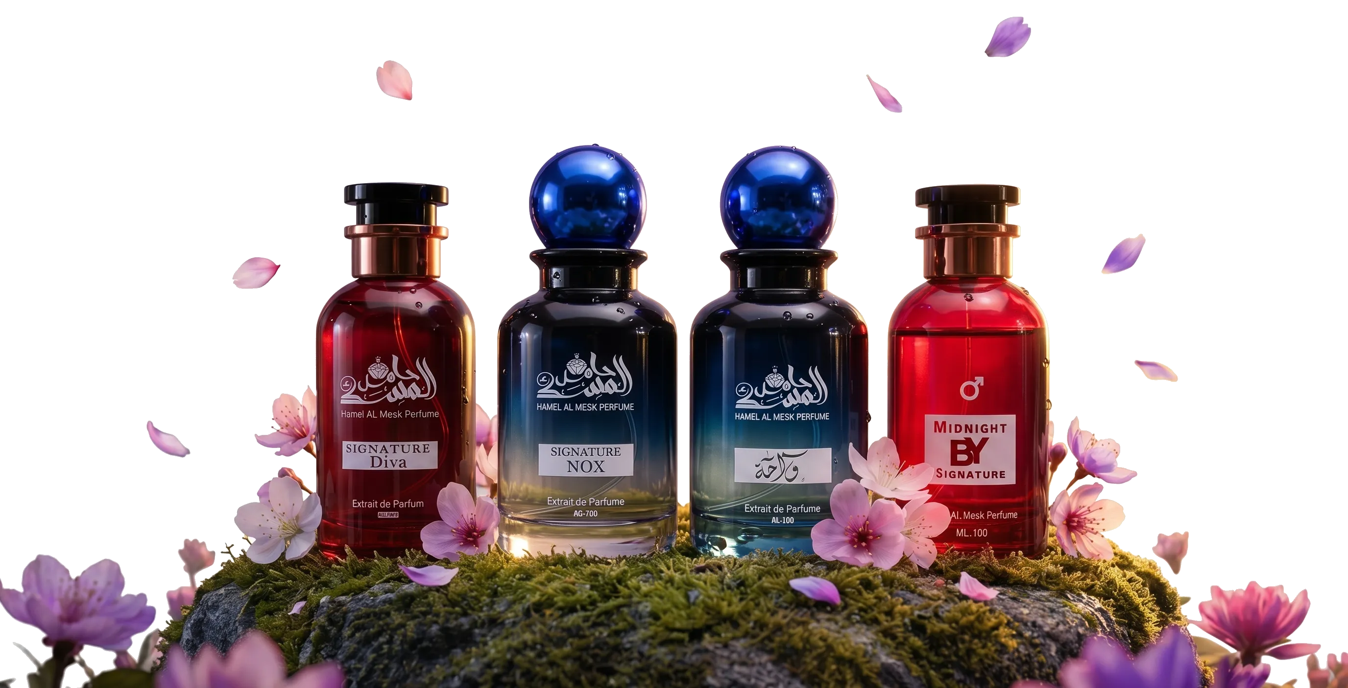 مجموعة زجاجات عطور حامل المسك على صخرة وزهور